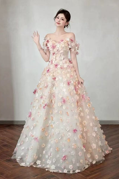 A Line Off the Shoulder Floral Long Prom Dresses, Off Shoulder Formal Evening Dresses with 3D Flowers WT1819