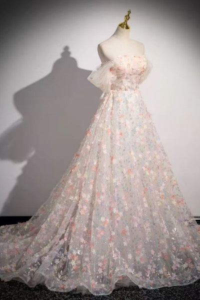 A Line Off the Shoulder Pink Lace Long Prom Dresses, Pink Formal Graduation Evening Dresses with Appliques WT1726