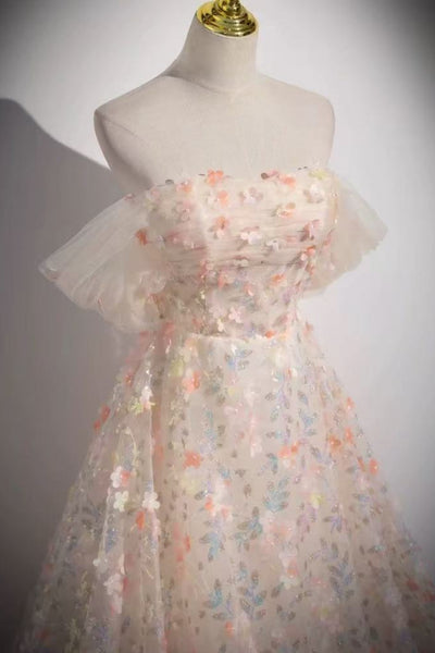 A Line Off the Shoulder Pink Lace Long Prom Dresses, Pink Formal Graduation Evening Dresses with Appliques WT1726