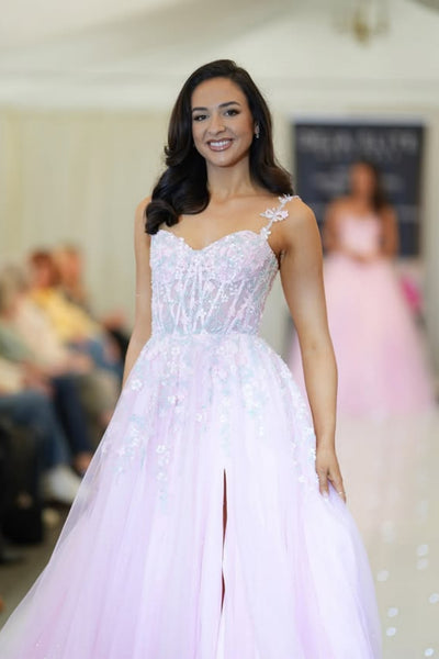 A Line Open Back Pink Lace Long Prom Dresses with Slit, Pink Lace Formal Dresses, Pink Evening Dresses WT1755