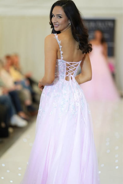 A Line Open Back Pink Lace Long Prom Dresses with Slit, Pink Lace Formal Dresses, Pink Evening Dresses WT1755