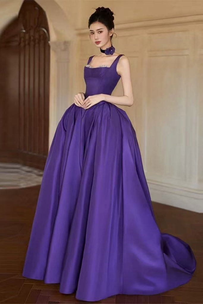long purple formal dress A Line Open Back Spaghetti Straps Purple Satin Long Prom Dresses, Long – Lwt Dress