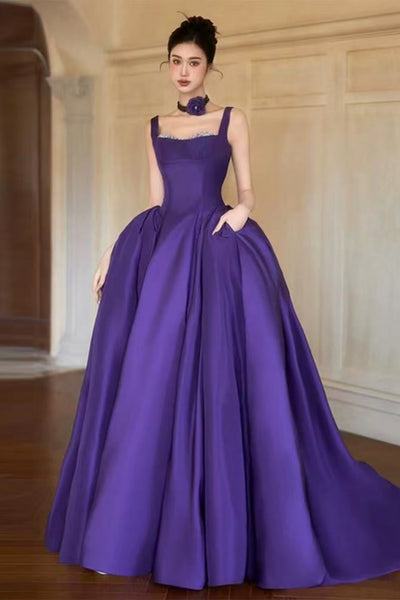 A Line Open Back Spaghetti Straps Purple Satin Long Prom Dresses, Long Purple Formal Graduation Evening Dresses WT1637