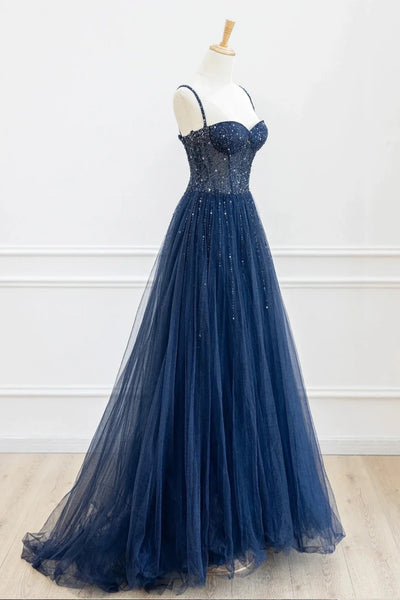 A Line Spaghetti Straps Sweetheart Neck Blue Sequins Long Prom Dresses, Long Blue Formal Graduation Evening Dresses WT1431