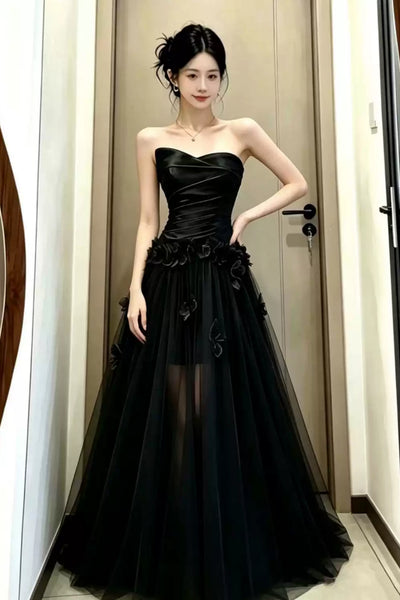 A Line Strapless Black Long Prom Dresses with 3D Flowers, Black Formal Graduation Evening Dresses WT1843
