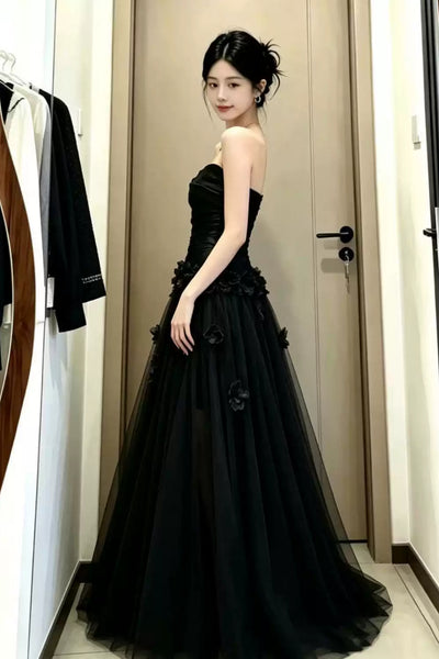 A Line Strapless Black Long Prom Dresses with 3D Flowers, Black Formal Graduation Evening Dresses WT1843
