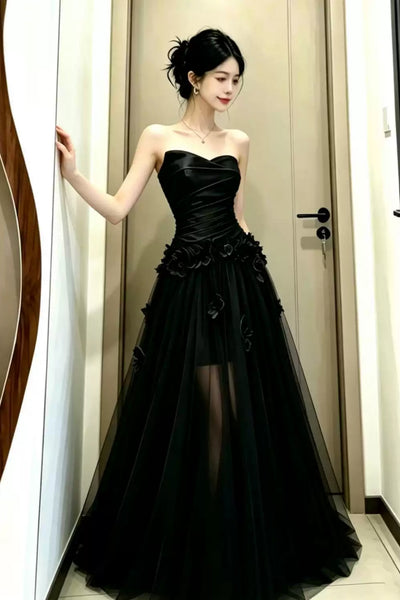 A Line Strapless Black Long Prom Dresses with 3D Flowers, Black Formal Graduation Evening Dresses WT1843