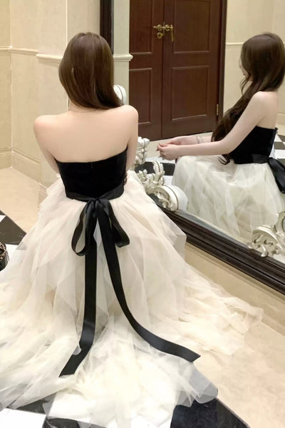 A Line Strapless Champagne Tulle Long Prom Dresses, Black Formal Graduation Evening Dresses WT1842