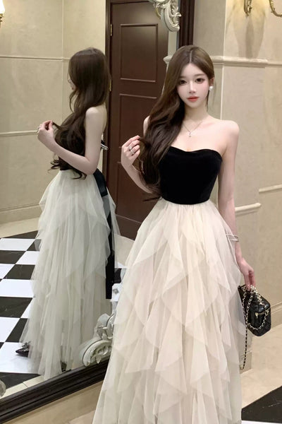A Line Strapless Champagne Tulle Long Prom Dresses, Black Formal Graduation Evening Dresses WT1842