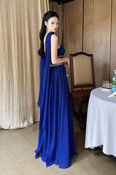 A Line Strapless Royal Blue Long Prom Dresses with Belt, Royal Blue Formal Graduation Evening Dresses WT1845