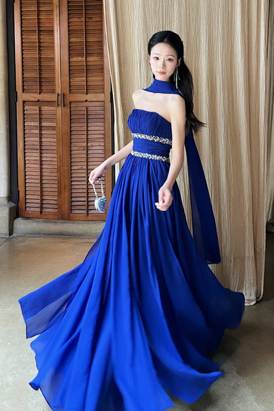 A Line Strapless Royal Blue Long Prom Dresses with Belt, Royal Blue Formal Graduation Evening Dresses WT1845