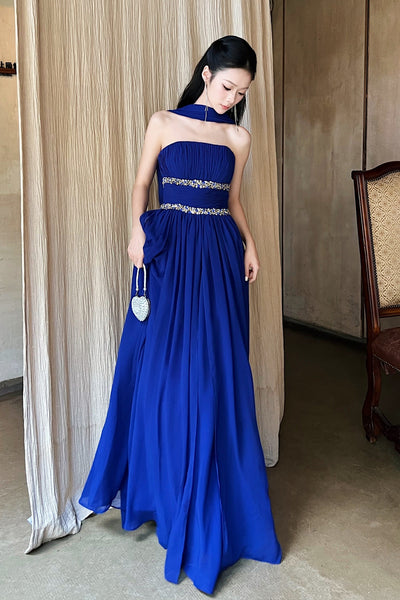 A Line Strapless Royal Blue Long Prom Dresses with Belt, Royal Blue Formal Graduation Evening Dresses WT1845