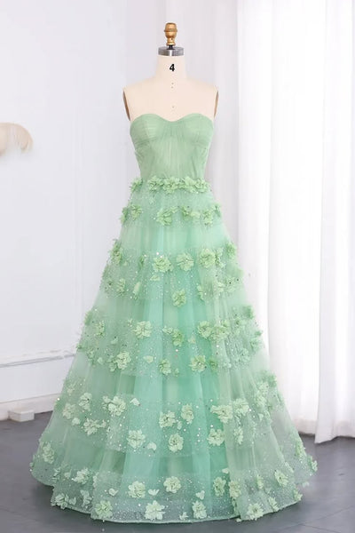 A Line Strapless Sage Green Floral Long Prom Dresses, Sage Formal Graduation Evening Dresses with 3D Flowers WT1735