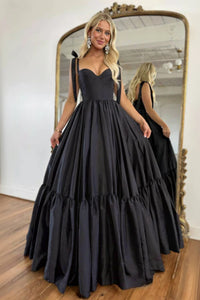 A Line Sweetheart Neck Black Satin Long Prom Dresses, Long Black Formal Graduation Evening Dresses WT1595