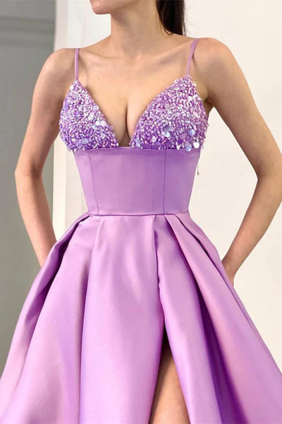 A Line V Neck Beaded Lilac Long Prom Dresses with High Slit, Long Lilac Formal Graduation Evening Dresses WT1444