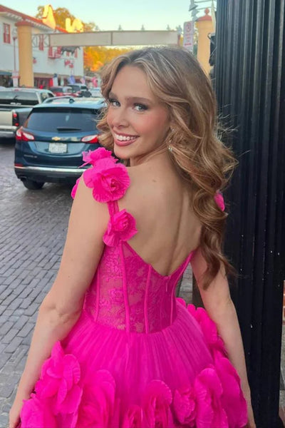 A Line V Neck Fuchsia Floral Short Prom Dresses, Fuchsia Homecoming Dresses with 3D Flowers WT1516