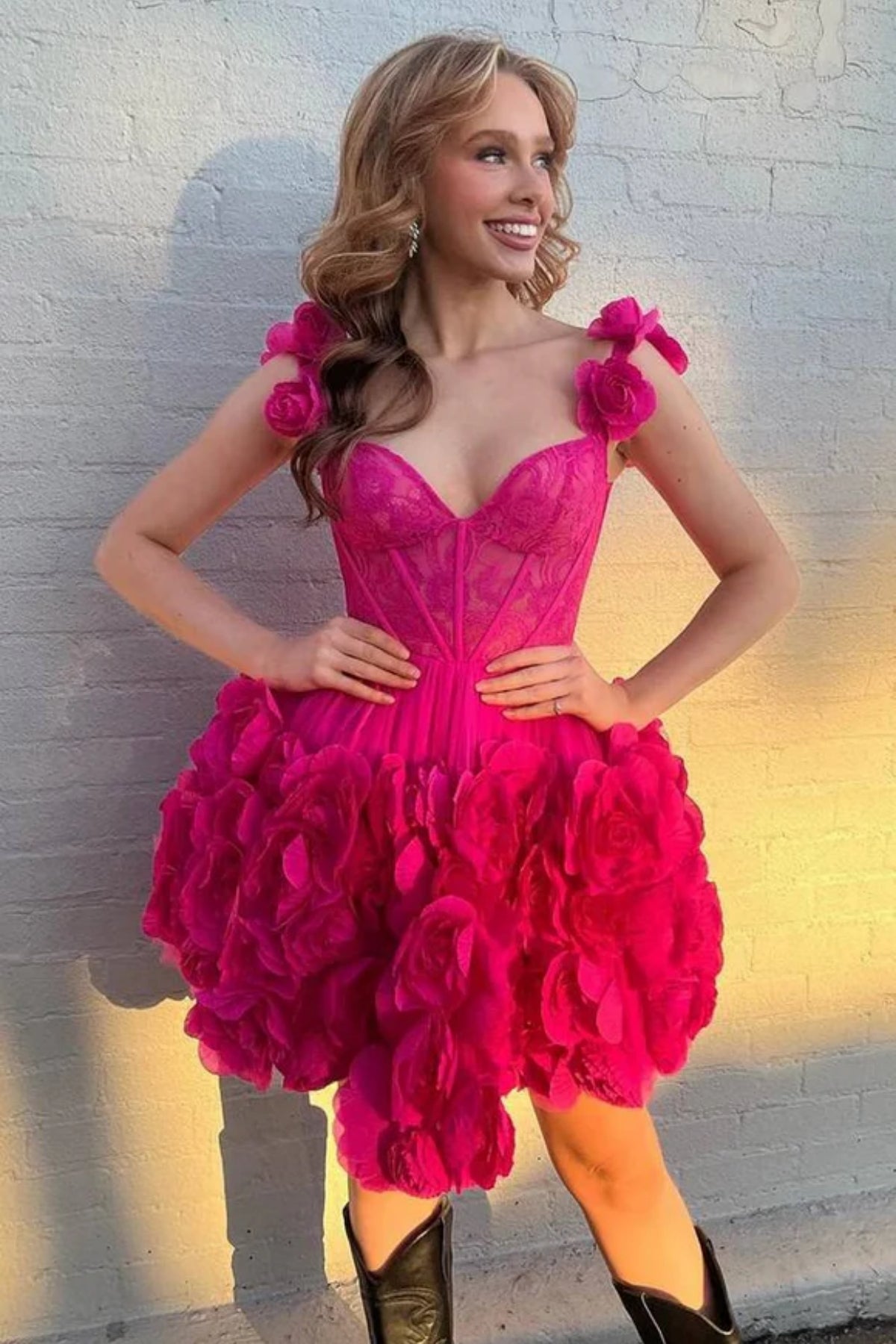 A Line V Neck Fuchsia Floral Short Prom Dresses, Fuchsia Homecoming Dresses with 3D Flowers WT1516