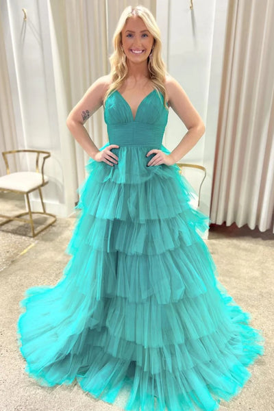 A Line V Neck Layered Lilac/Green Tulle Long Prom Dresses, Lilac/Green Formal Graduation Evening Dresses WT1399
