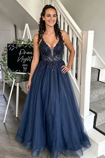 A Line V Neck Navy Blue Lace Long Prom Dresses, Navy Blue Lace Formal Dresses, Navy Blue Evening Dresses WT1833