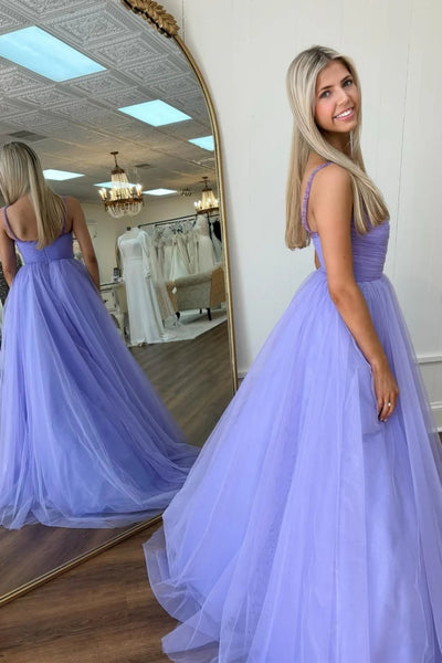 A Line V Neck Open Back Beaded Surplice Lavender Long Prom Dress, Lavender Tulle Formal Graduation Evening Dress A2170