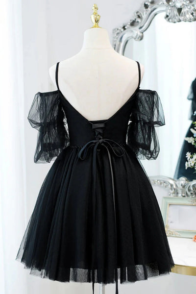 Black A Line Off the Shoulder Lace Short Prom Dresses, Short Black Lace Homecoming Dresses WT1677