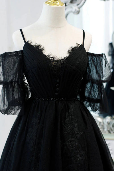 Black A Line Off the Shoulder Lace Short Prom Dresses, Short Black Lace Homecoming Dresses WT1677