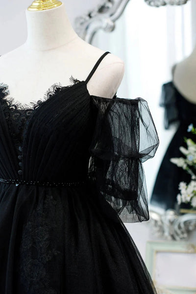 Black A Line Off the Shoulder Lace Short Prom Dresses, Short Black Lace Homecoming Dresses WT1677