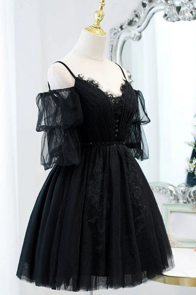 Black A Line Off the Shoulder Lace Short Prom Dresses, Short Black Lace Homecoming Dresses WT1677