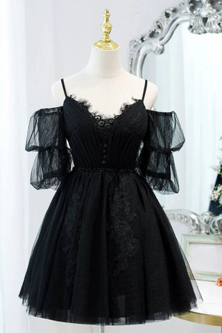 Black A Line Off the Shoulder Lace Short Prom Dresses, Short Black Lace Homecoming Dresses WT1677