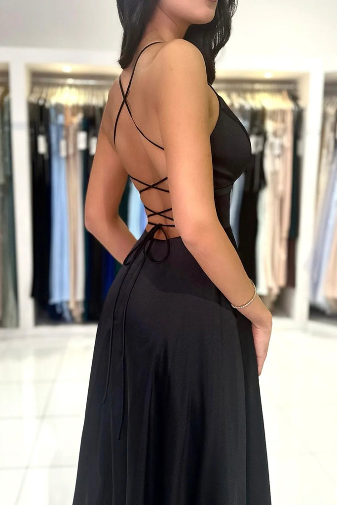 Black A Line V Neck Backless Long Prom Dresses with High Slit, Backles Lwt Dress Black A Line V Neck Backless Long Prom Dresses with High Slit, Backles Lwt Dress