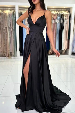Black A Line V Neck Backless Long Prom Dresses with High Slit, Backless Black Formal Graduation Evening Dresses WT1440