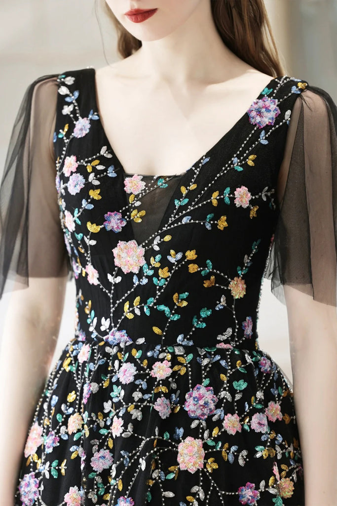 Black A Line V Neck Cap Sleeves Long Prom Dresses with Appliques, Blac