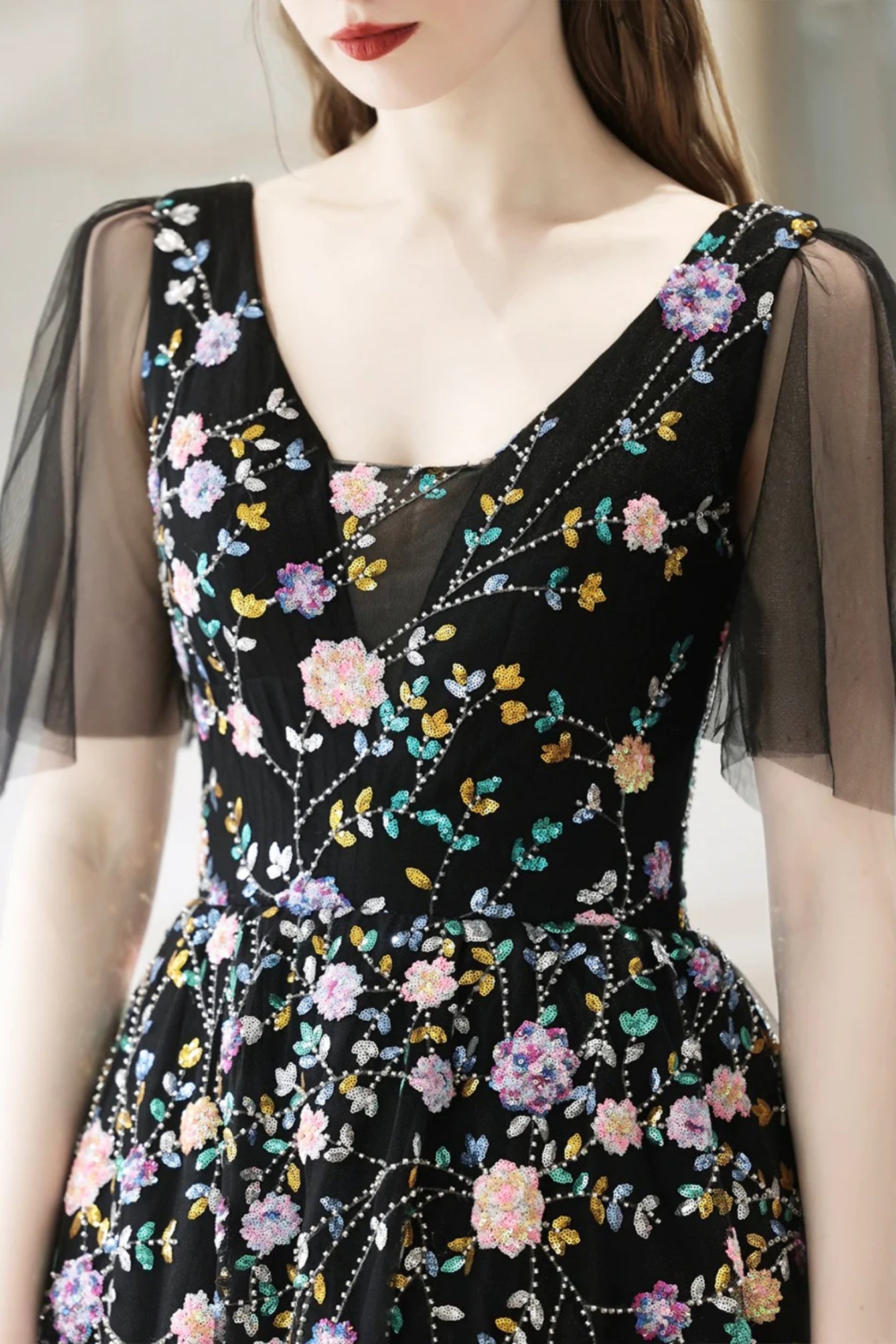Black A Line V Neck Cap Sleeves Long Prom Dresses with Appliques, Blac