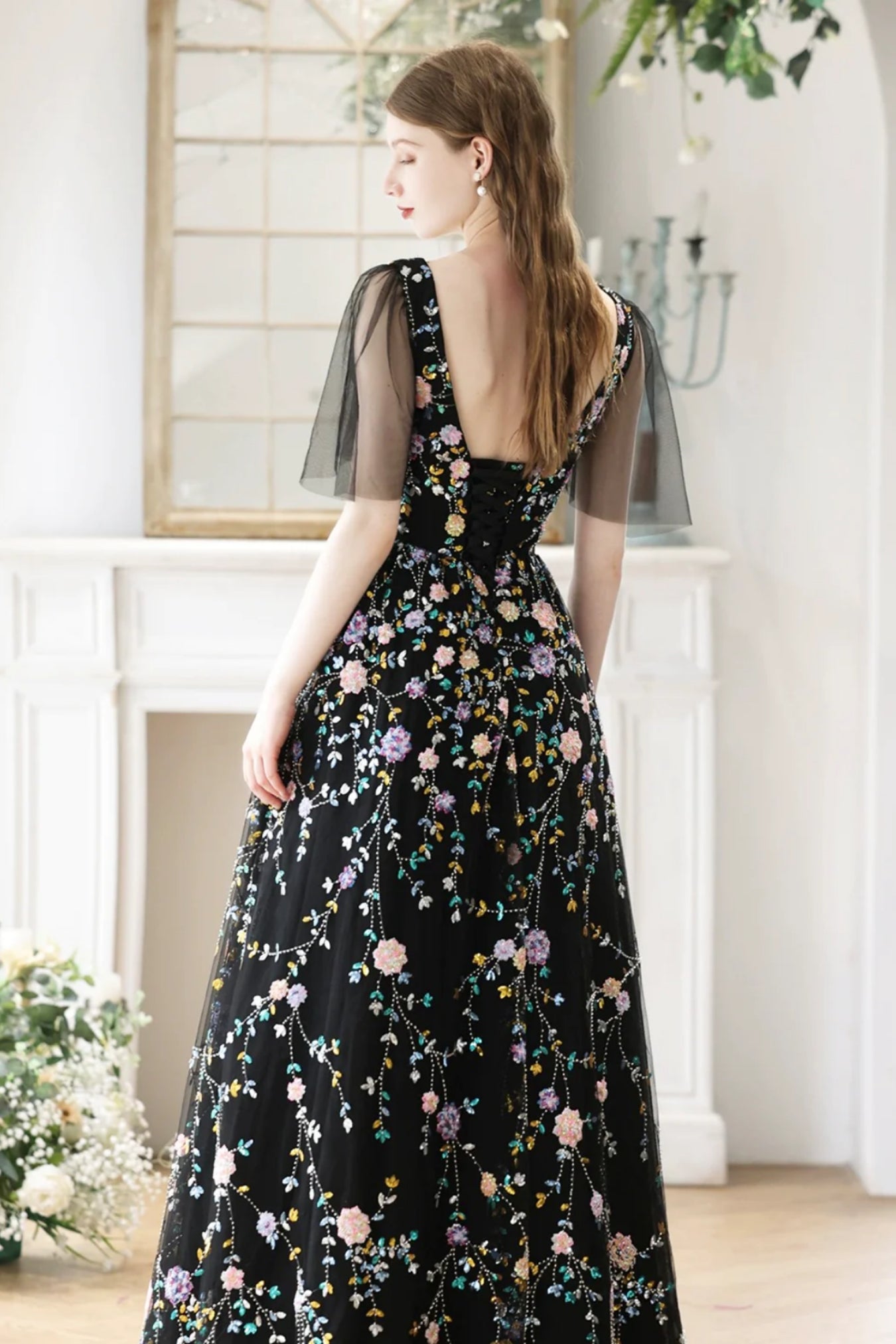 Black A Line V Neck Cap Sleeves Long Prom Dresses with Appliques, Blac