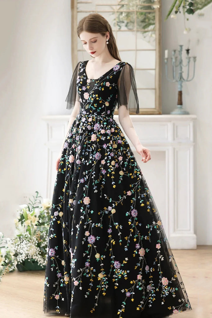 Black A Line V Neck Cap Sleeves Long Prom Dresses with Appliques, Blac Lwt Dress Black A Line V Neck Cap Sleeves Long Prom Dresses with Appliques, Blac Lwt Dress