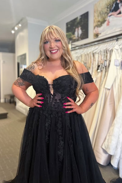Black Lace Off the Shoulder Lace Long Prom Dresses, Off Shoulder Black Formal Dresses, Black Lace Evening Dresses WT1804