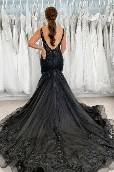 Black Lace V Neck Mermaid Long Prom Dresses with Train, Mermaid Black Formal Dresses, Black Lace Evening Dresses WT1772