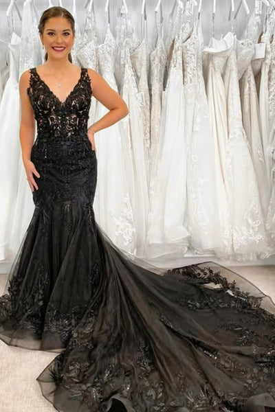 Black Lace V Neck Mermaid Long Prom Dresses with Train, Mermaid Black Formal Dresses, Black Lace Evening Dresses WT1772