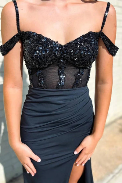 Black Off Shoulder Sequins Long Prom Dresses with High Slit, Off the Shoulder Formal Dresses, Black Evening Dresses WT1351