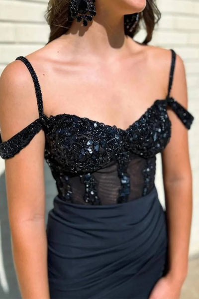 Black Off Shoulder Sequins Long Prom Dresses with High Slit, Off the Shoulder Formal Dresses, Black Evening Dresses WT1351