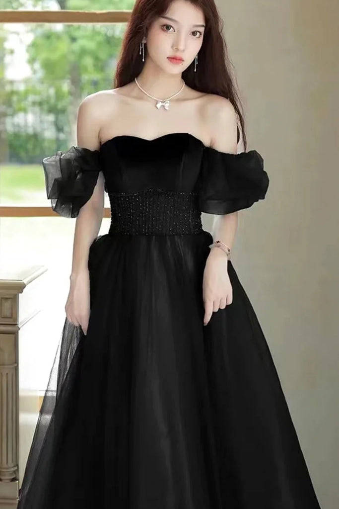 Black Off the Shoulder Beaded Long Prom Dresses, Black Formal Graduati