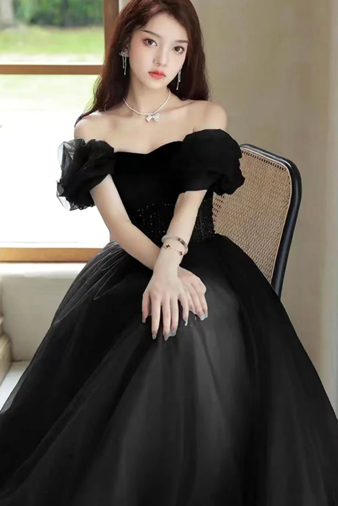 Black Off the Shoulder Beaded Long Prom Dresses, Black Formal Graduati