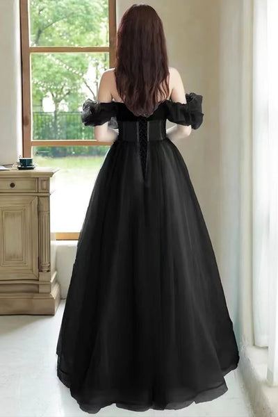 Black Off the Shoulder Beaded Long Prom Dresses, Black Formal Graduation Evening Dresses WT1356