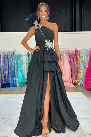 Black/Orange A Line One Shoulder High Slit Long Prom Dresses, Long Black/Orange Formal Graduation Evening Dresses WT1581