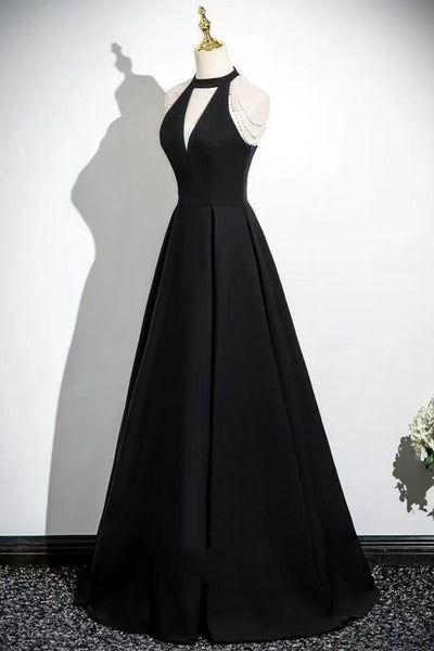 Black Satin A Line Halter Neck Open Back Long Prom Dresses, Long Black Formal Graduation Evening Dresses WT1718