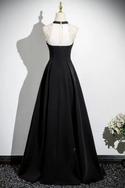 Black Satin A Line Halter Neck Open Back Long Prom Dresses, Long Black Formal Graduation Evening Dresses WT1718