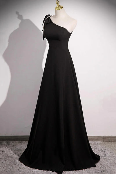 Black Satin A Line One Shoulder Long Prom Dresses, Long Black Formal Graduation Evening Dresses WT1660