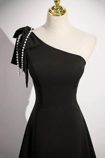 Black Satin A Line One Shoulder Long Prom Dresses, Long Black Formal Graduation Evening Dresses WT1660