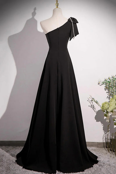 Black Satin A Line One Shoulder Long Prom Dresses, Long Black Formal Graduation Evening Dresses WT1660