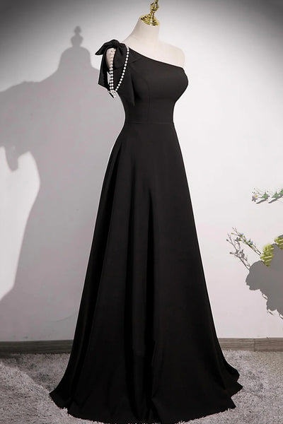 Black Satin A Line One Shoulder Long Prom Dresses, Long Black Formal Graduation Evening Dresses WT1660